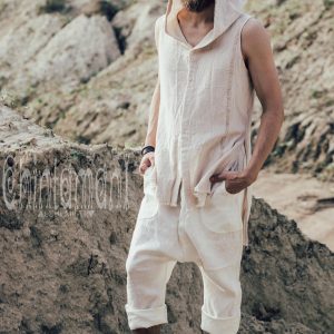 Raw Cotton Man Hooded Shirt Boho Big Hood Vest for Men’s Bohemian Style