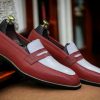 Red & White Alligator Print Leather Loafers – Handmade Formal Dress Shoes for Men