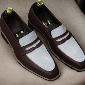 Red & White Alligator Print Leather Loafers – Handmade Formal Dress Shoes for Men