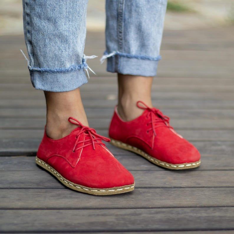 Red Nubuck Leather Barefoot Shoes Women – Grounding Copper Sole Earthing Shoes