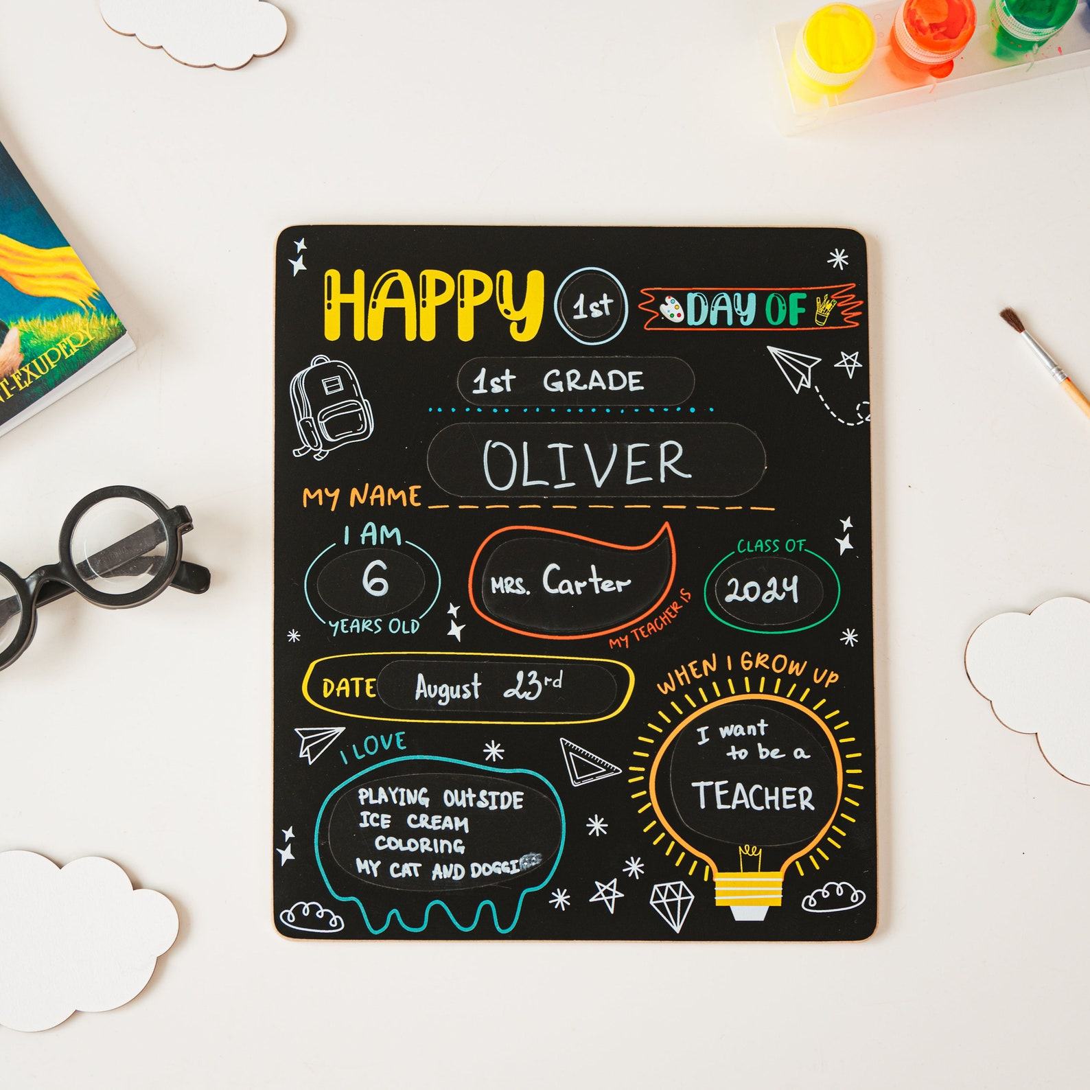 Reusable First Day of School Sign – Kindergarten, Preschool Chalkboard Photo Prop