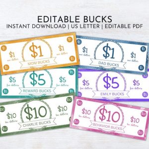 Rewarding Kids with Fun and Editable Mom Bucks Printable Chore Bucks, Allowance Play Money