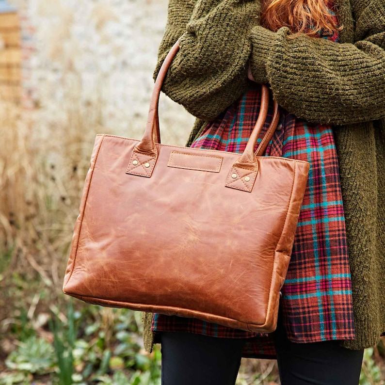 Reworked Personalized Haath Large Brown Leather Handbag Handmade Shoulder Bag for Laptop, Work, or School