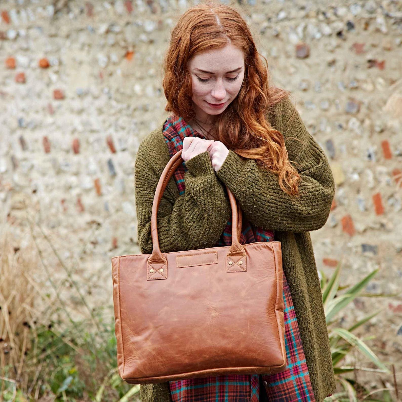 Reworked Personalized Haath Large Brown Leather Handbag Handmade Shoulder Bag for Laptop, Work, or School