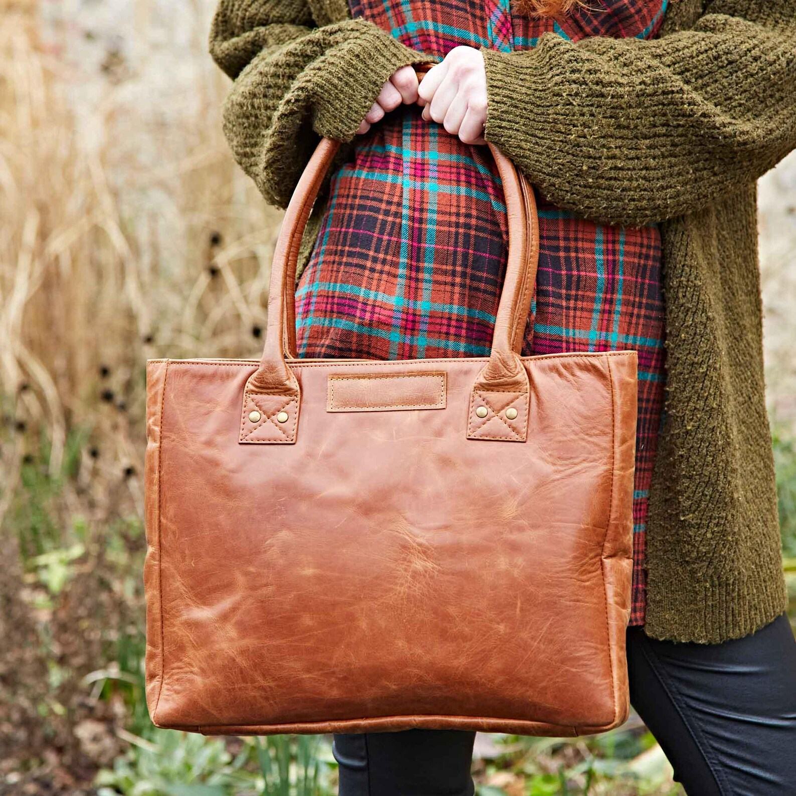 Reworked Personalized Haath Large Brown Leather Handbag Handmade Shoulder Bag for Laptop, Work, or School