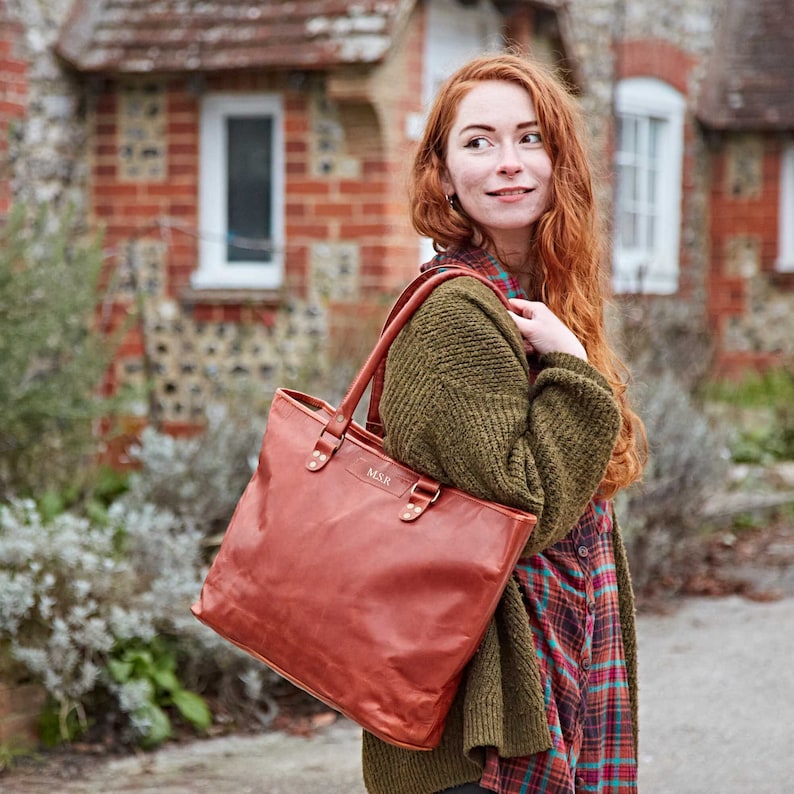 Reworked Personalized Large Brown Leather Shopper Bag Handmade Shoulder Bag for Work, School, or Everyday Use