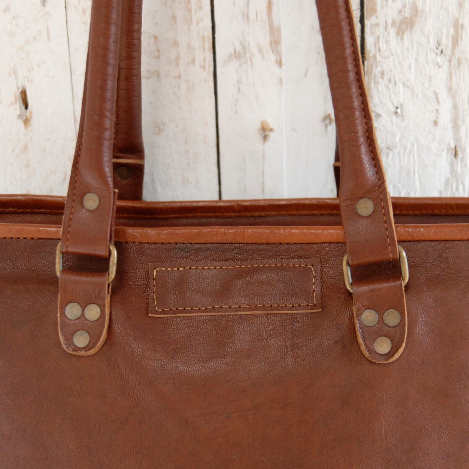 Reworked Personalized Large Brown Leather Shopper Bag Handmade Shoulder Bag for Work, School, or Everyday Use