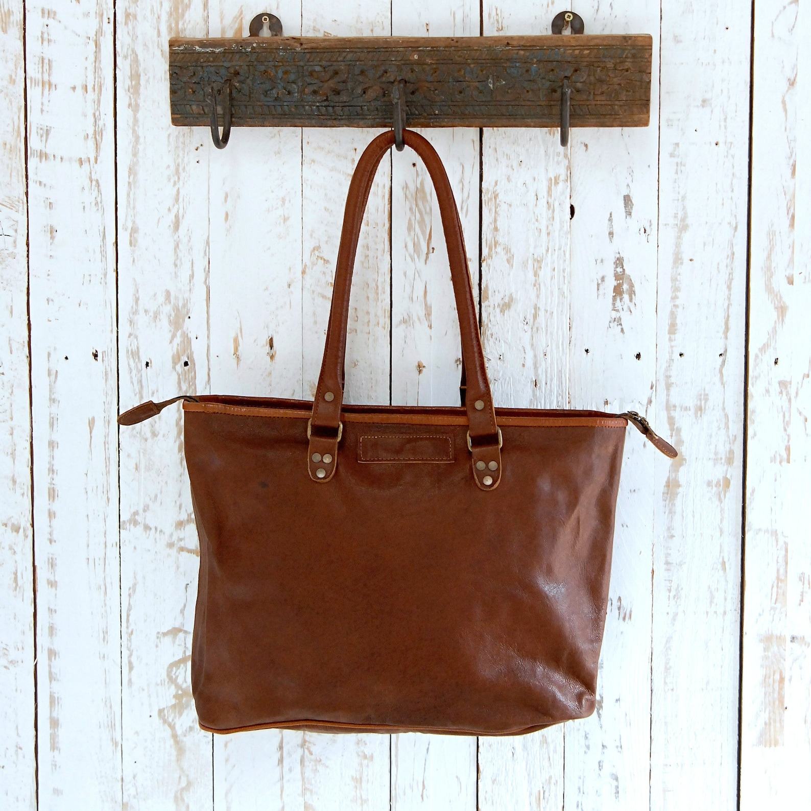 Reworked Personalized Large Brown Leather Shopper Bag Handmade Shoulder Bag for Work, School, or Everyday Use