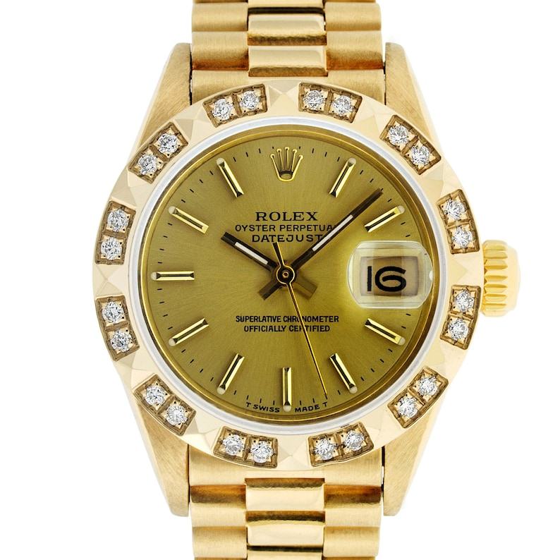 Rolex Lady Datejust President 26MM Champagne Index Dial Diamond Pyramid Watch with Quickset and Rolex Box