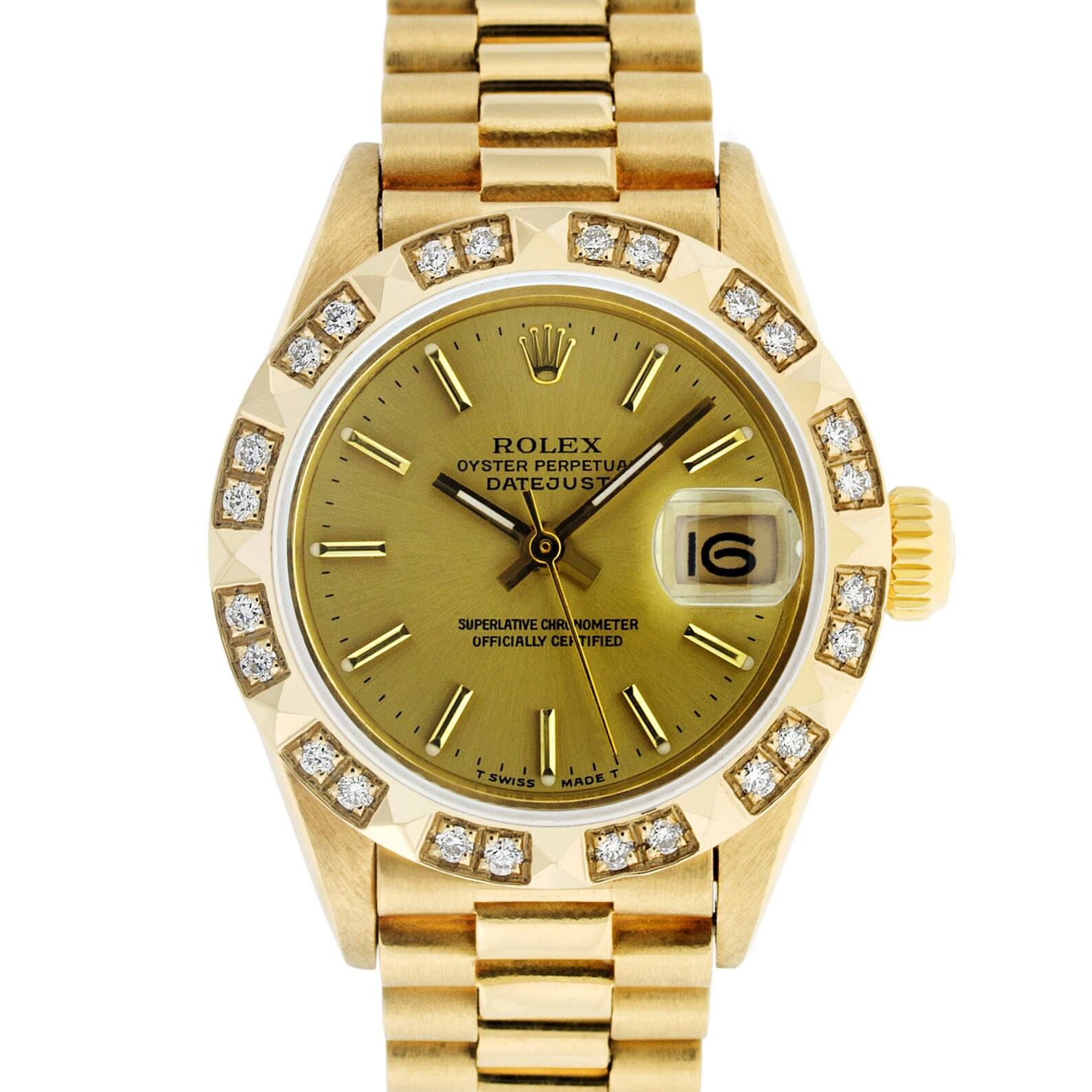 Rolex Lady Datejust President 26MM Champagne Index Dial Diamond Pyramid Watch with Quickset and Rolex Box