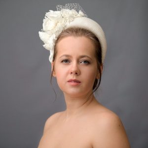 Royal-Inspired Cream Fascinator Headband with Birdcage Veil Elevate Your Bridal Look