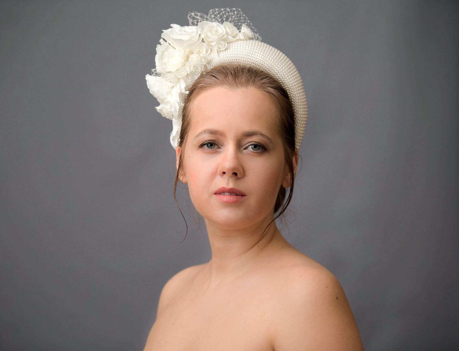 Royal-Inspired Cream Fascinator Headband with Birdcage Veil Elevate Your Bridal Look - Image 3