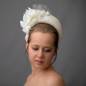 Royal-Inspired Cream Fascinator Headband with Birdcage Veil Elevate Your Bridal Look