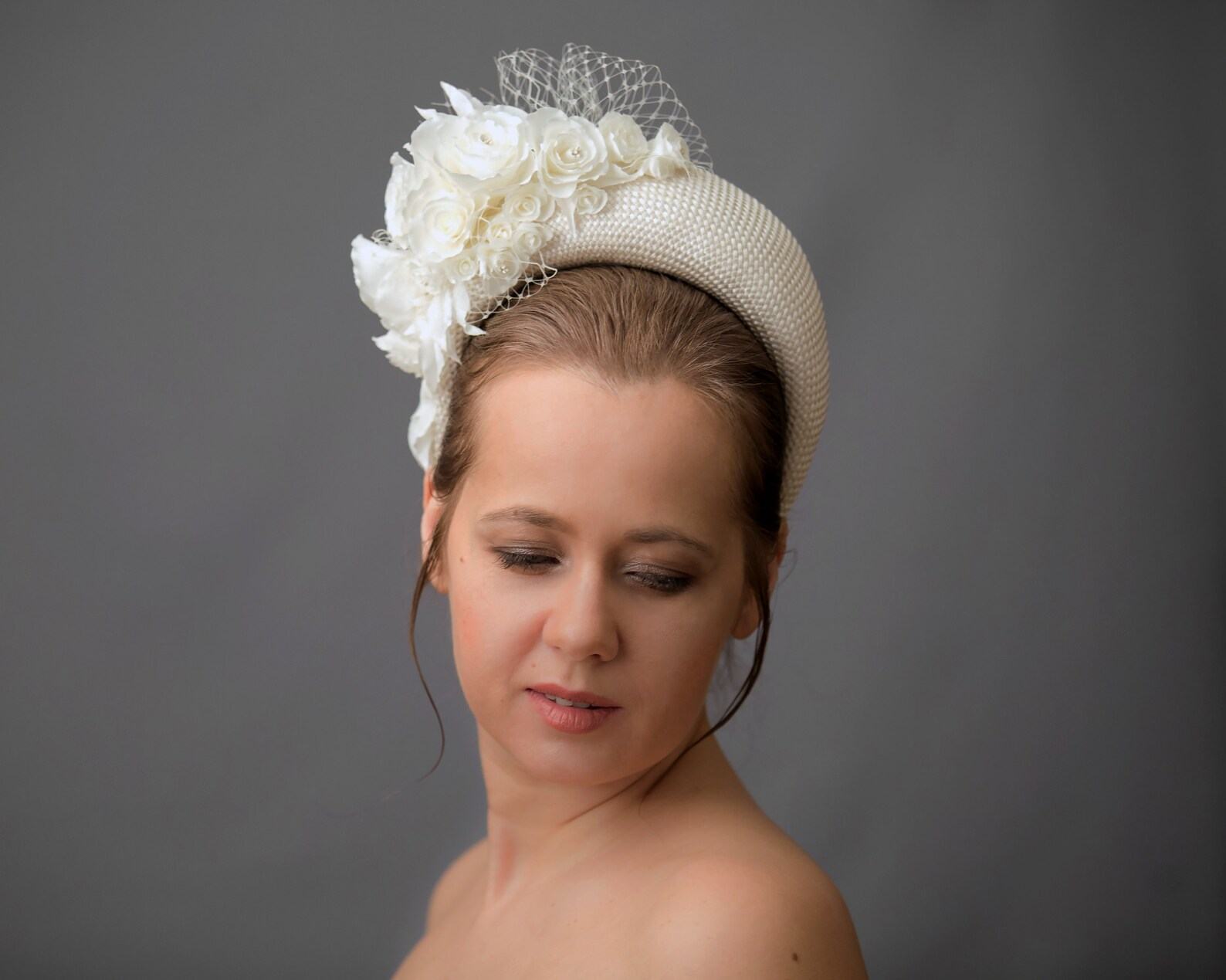 Royal-Inspired Cream Fascinator Headband with Birdcage Veil Elevate Your Bridal Look - Image 6