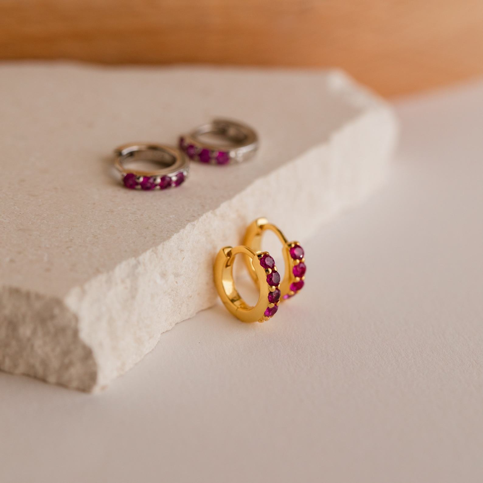 Ruby Birthstone Huggie Earrings Minimalist Crystal Hoops for Birthdays (ER111)