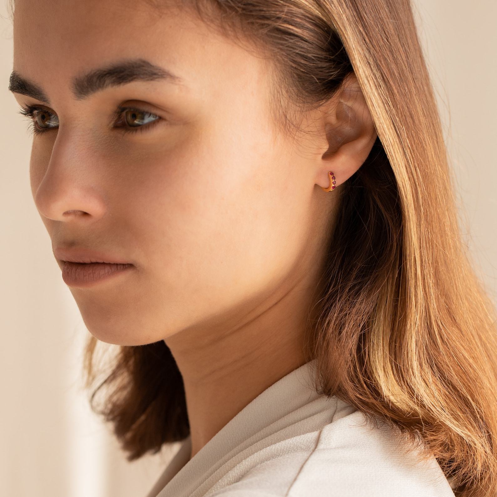 Ruby Birthstone Huggie Earrings Minimalist Crystal Hoops for Birthdays (ER111)