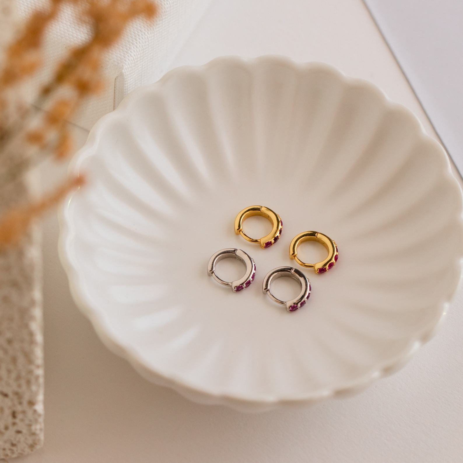 Ruby Birthstone Huggie Earrings Minimalist Crystal Hoops for Birthdays (ER111)