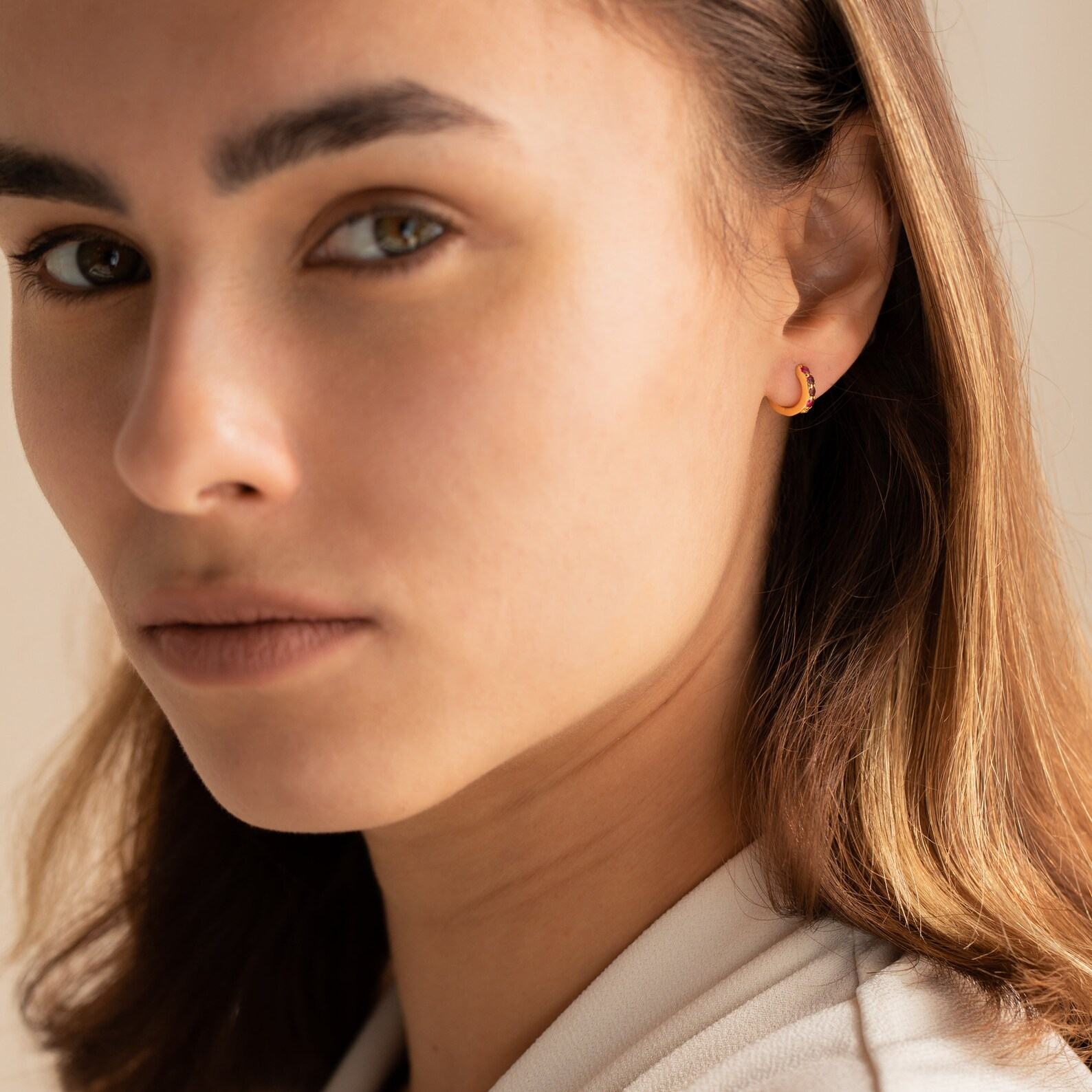 Ruby Birthstone Huggie Earrings Minimalist Crystal Hoops for Birthdays (ER111)