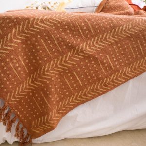 Rustic Charm Handcrafted Mud Cloth Cotton Blanket with Intricate Block Prints, Fringes, and Tassels