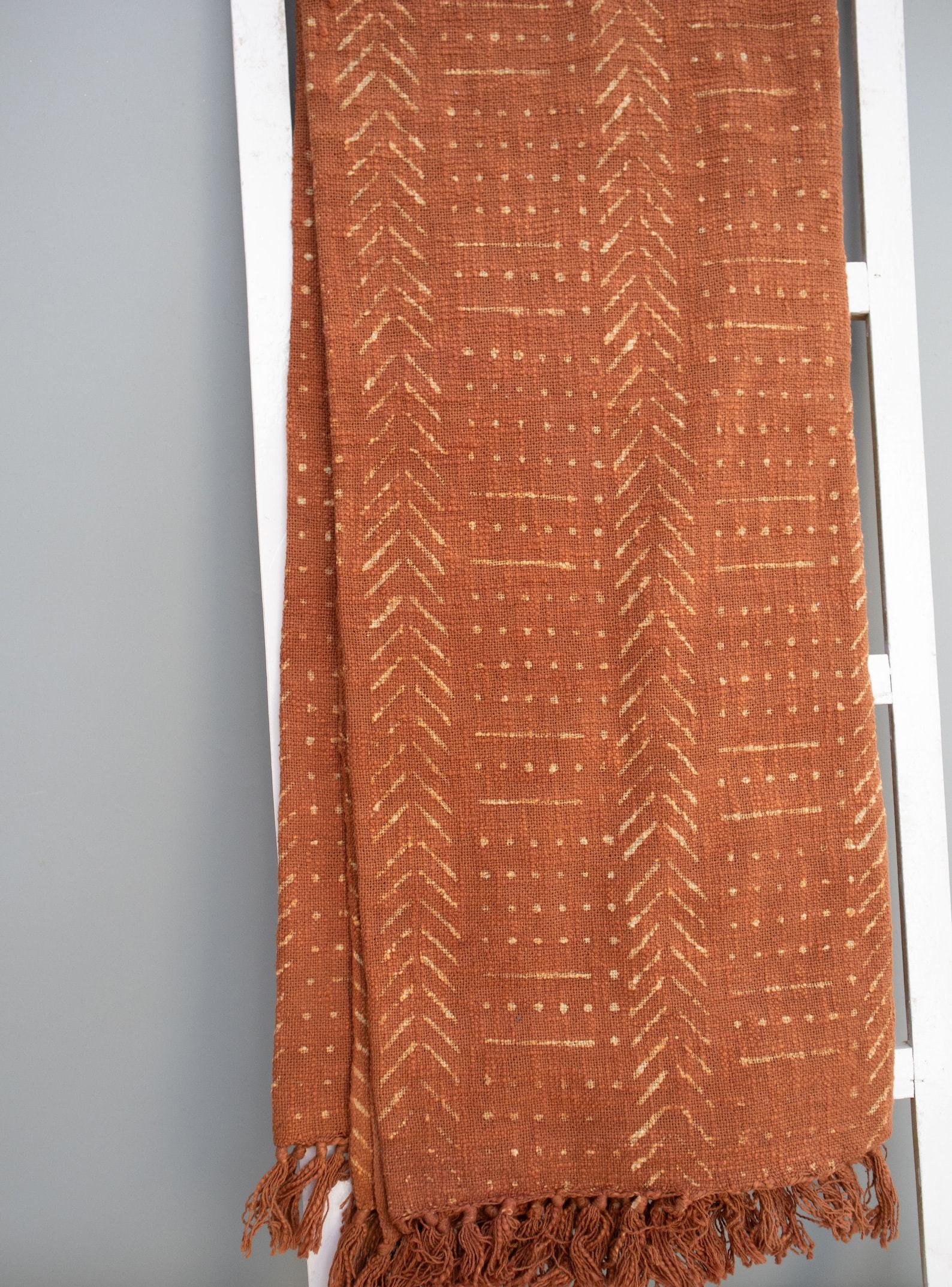 Rustic Charm Handcrafted Mud Cloth Cotton Blanket with Intricate Block Prints, Fringes, and Tassels - Image 5