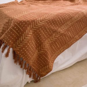 Rustic Charm Handcrafted Mud Cloth Cotton Blanket with Intricate Block Prints, Fringes, and Tassels