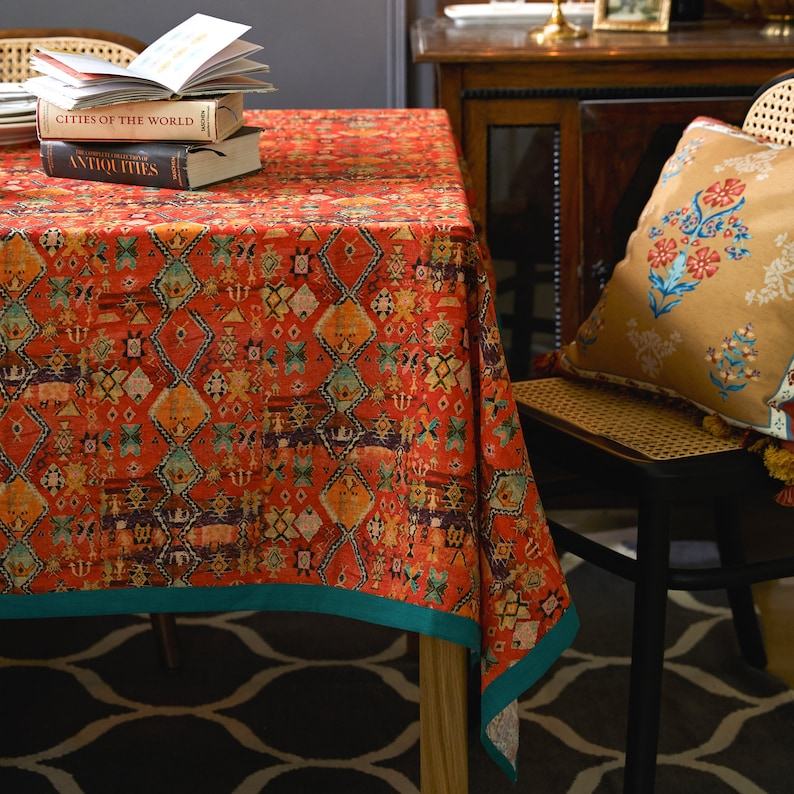 Rustic Charm Orange Red Boho Linen Tablecloth for Festive Gatherings