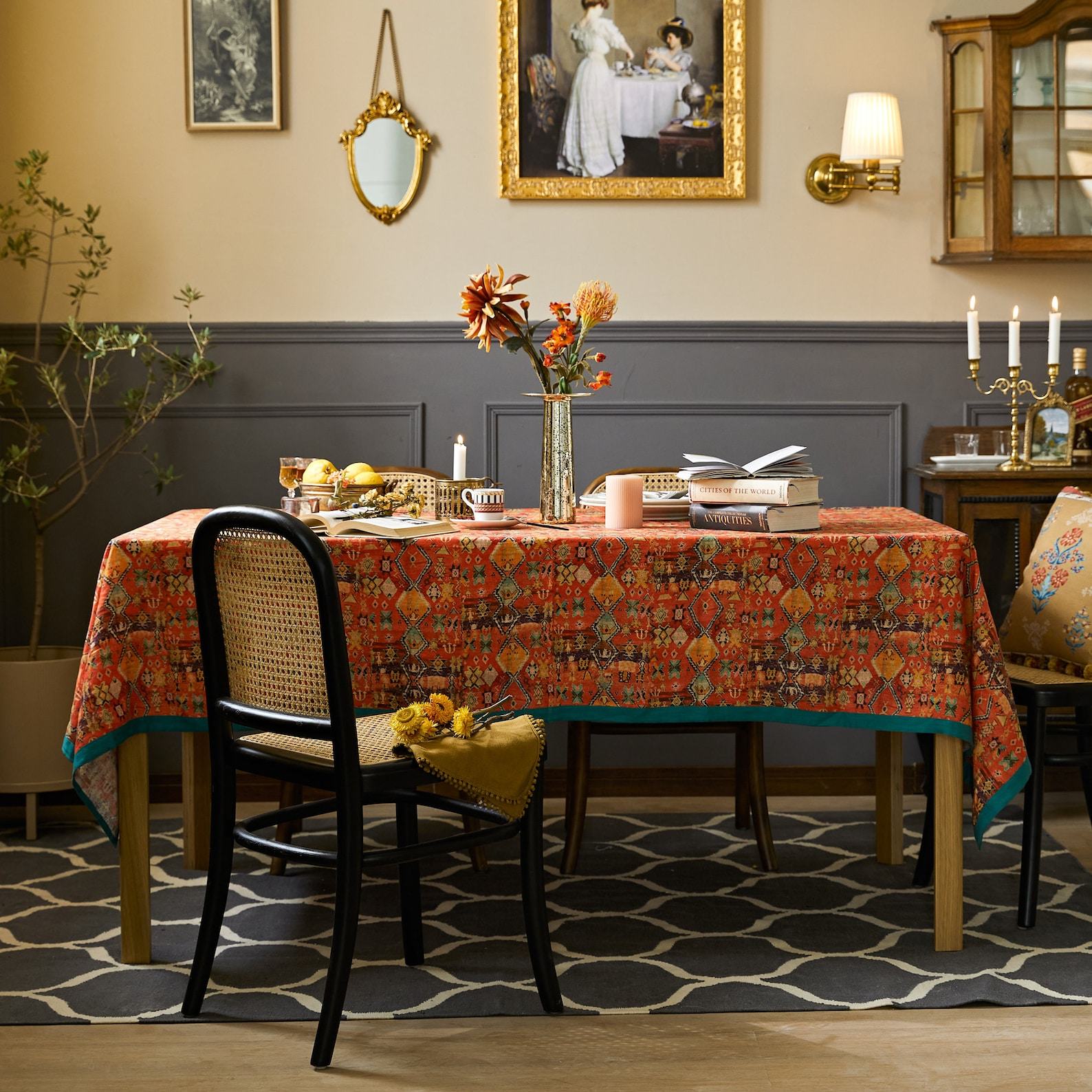 Rustic Charm Orange Red Boho Linen Tablecloth for Festive Gatherings