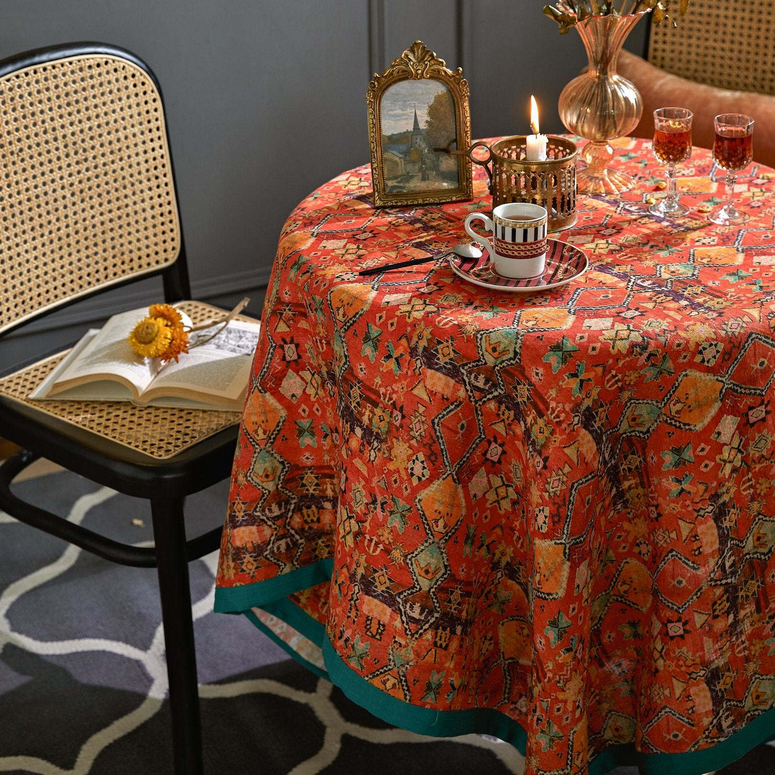Rustic Charm Orange Red Boho Linen Tablecloth for Festive Gatherings