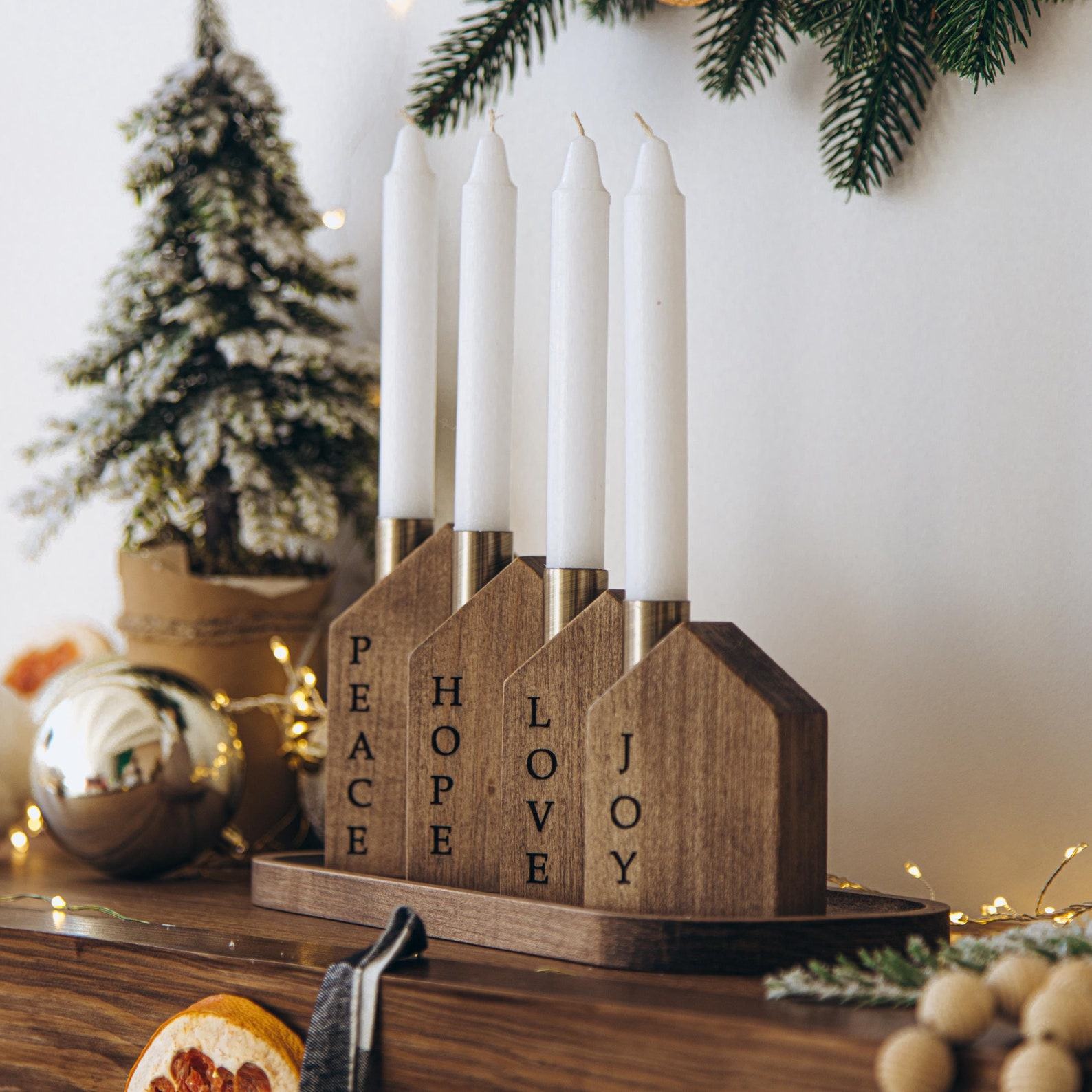 Rustic Christmas Advent Village Candle Holders – Peace, Love, Joy Decor Set