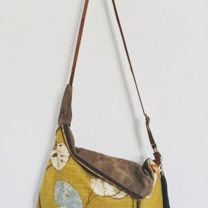 Rustic Linen Print Hobo Crossbody Bag A Bohemian Rhapsody in Mustard Yellow