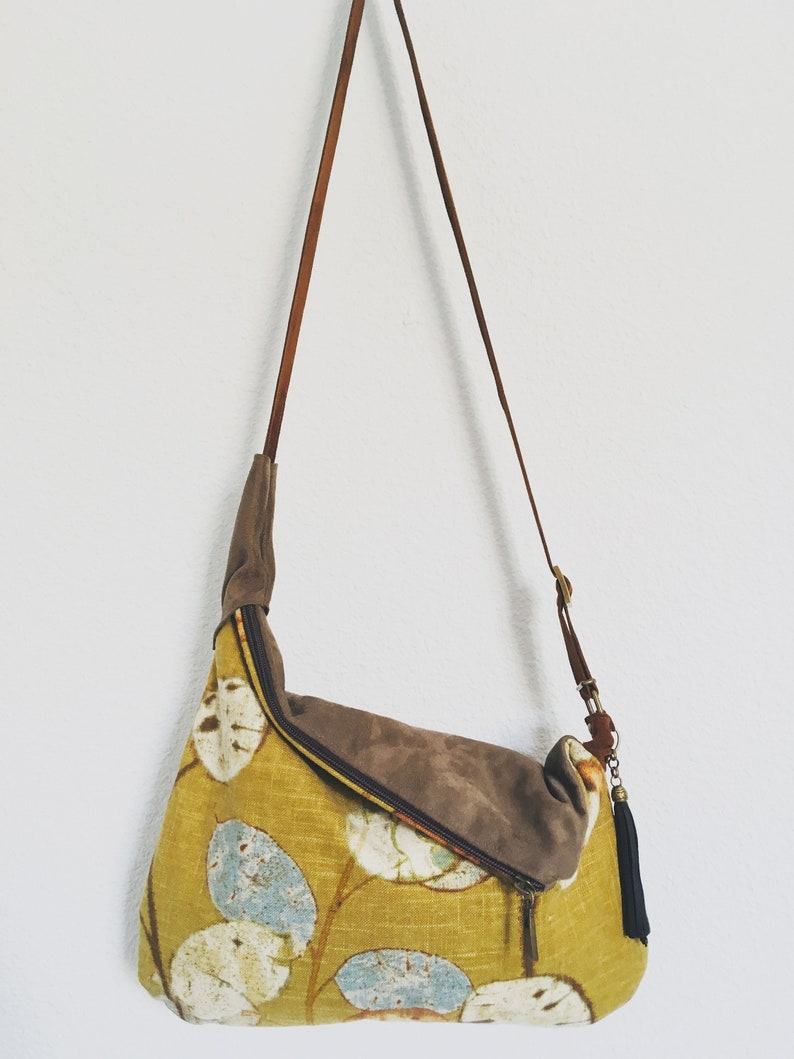 Rustic Linen Print Hobo Crossbody Bag A Bohemian Rhapsody in Mustard Yellow