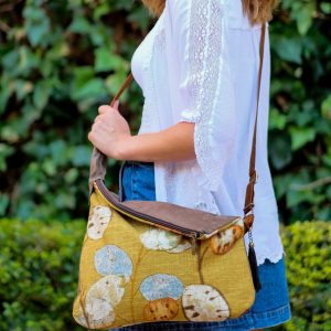 Rustic Linen Print Hobo Crossbody Bag A Bohemian Rhapsody in Mustard Yellow