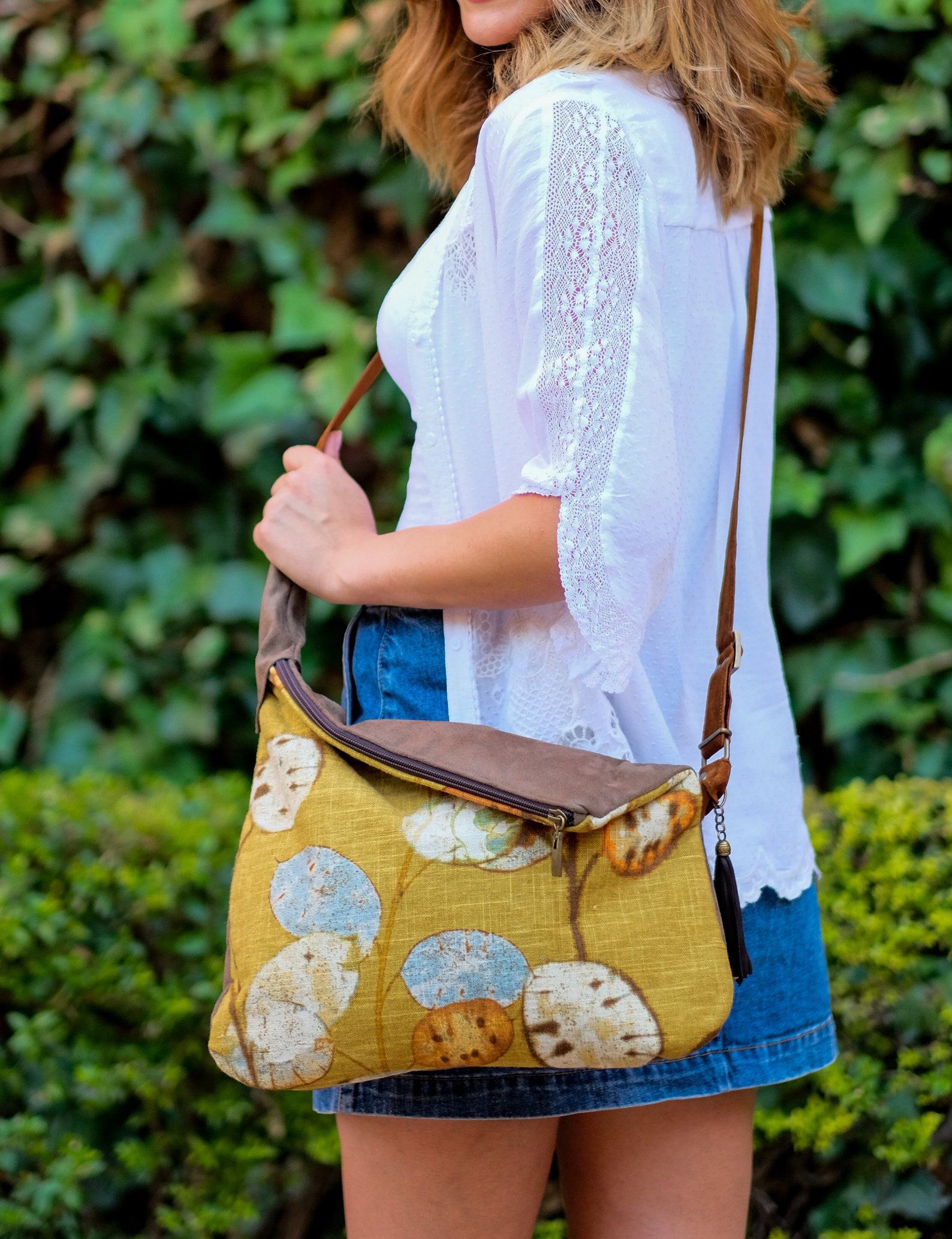 Rustic Linen Print Hobo Crossbody Bag A Bohemian Rhapsody in Mustard Yellow - Image 3