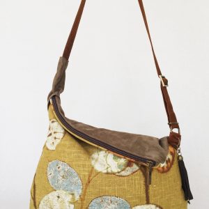 Rustic Linen Print Hobo Crossbody Bag A Bohemian Rhapsody in Mustard Yellow