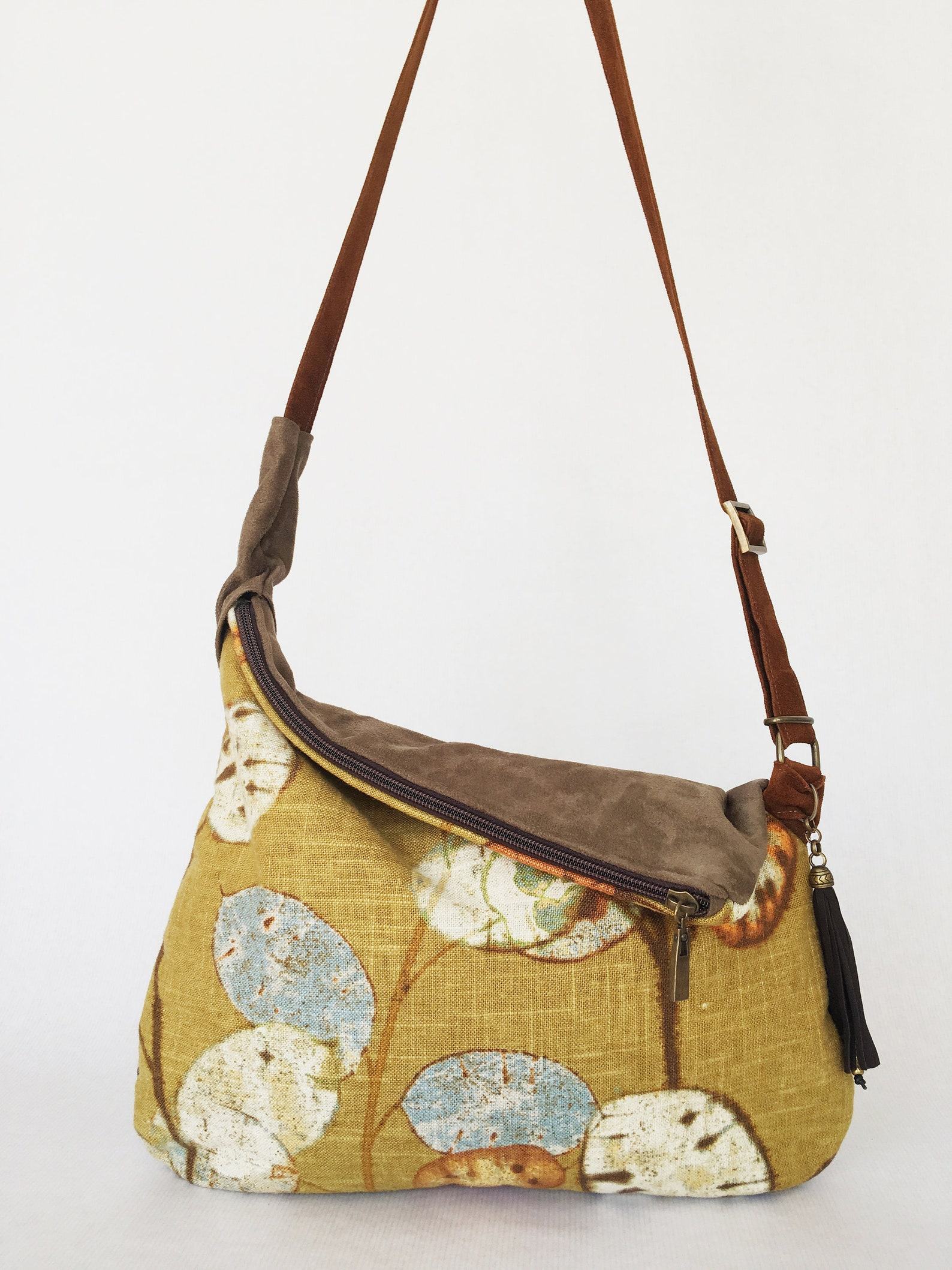 Rustic Linen Print Hobo Crossbody Bag A Bohemian Rhapsody in Mustard Yellow - Image 2