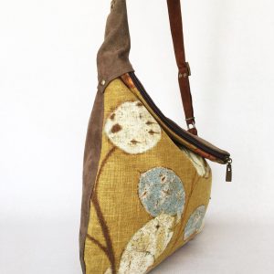 Rustic Linen Print Hobo Crossbody Bag A Bohemian Rhapsody in Mustard Yellow