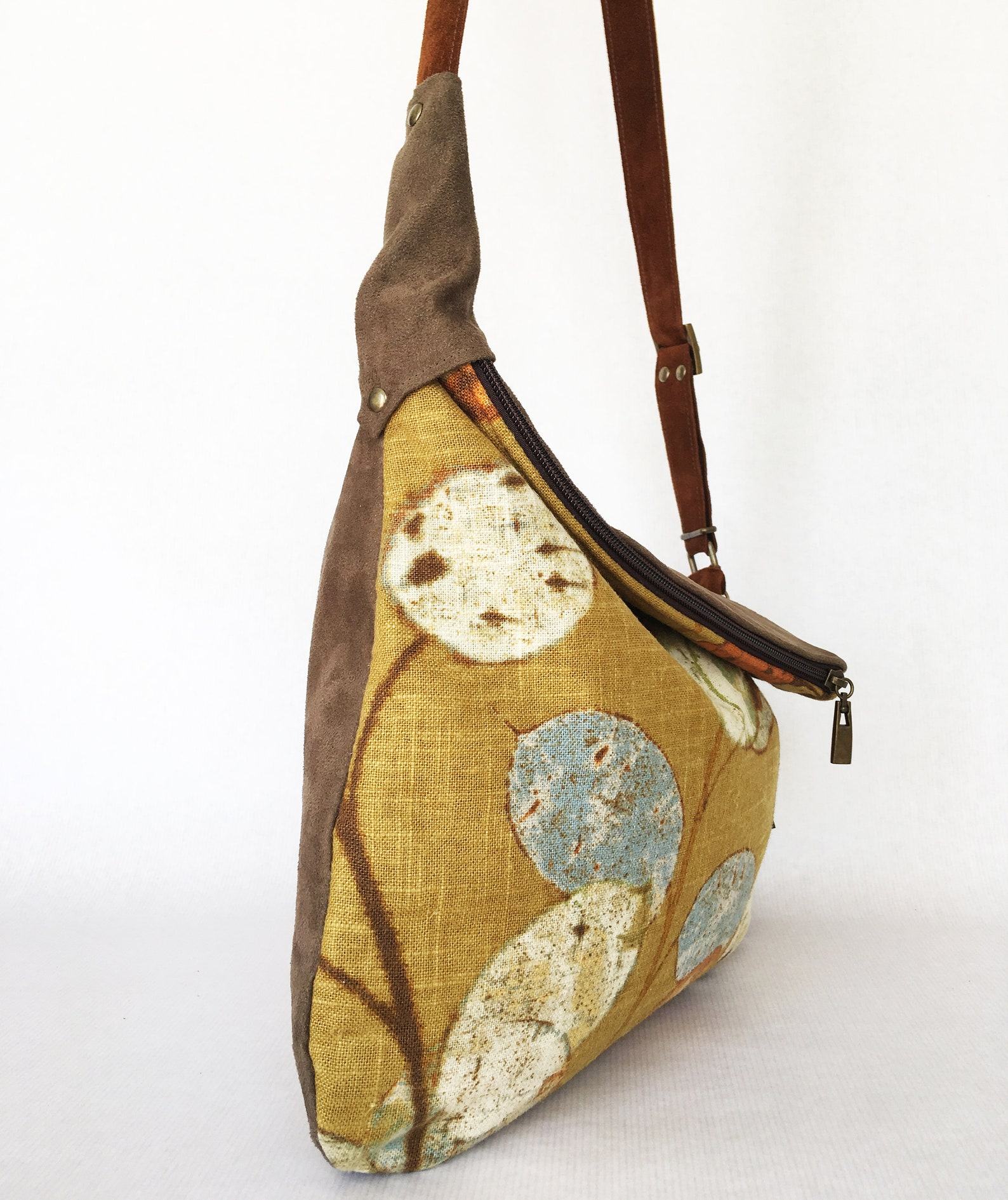 Rustic Linen Print Hobo Crossbody Bag A Bohemian Rhapsody in Mustard Yellow - Image 5