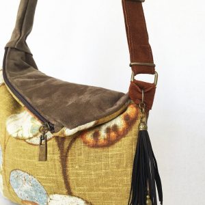 Rustic Linen Print Hobo Crossbody Bag A Bohemian Rhapsody in Mustard Yellow