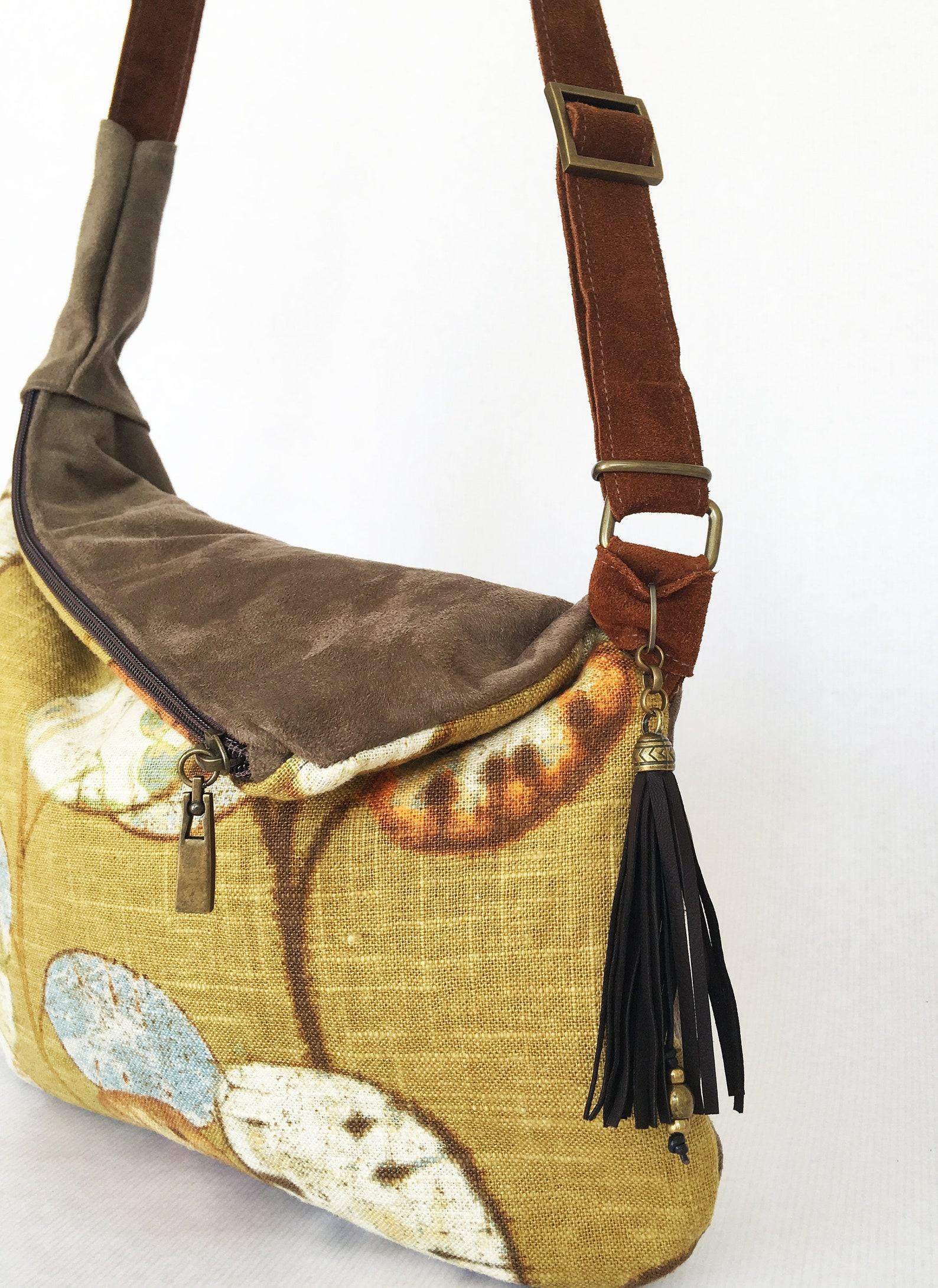Rustic Linen Print Hobo Crossbody Bag A Bohemian Rhapsody in Mustard Yellow - Image 4