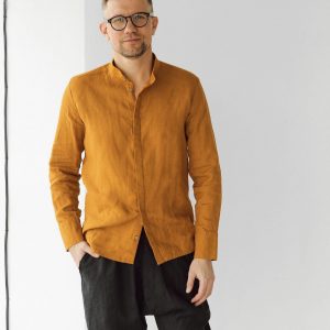 Saffron Linen Band Collar Shirt A Timeless Classic for Elegant Occasions