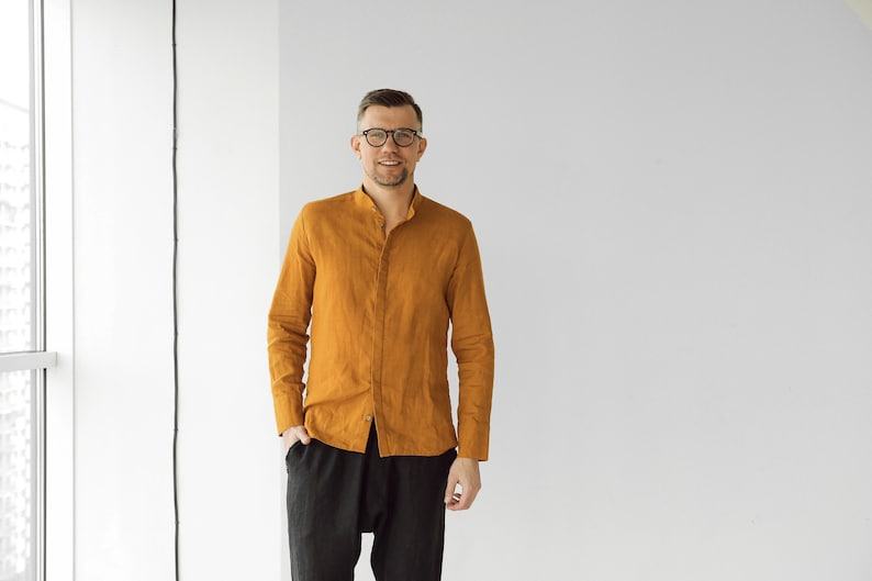 Saffron Linen Band Collar Shirt A Timeless Classic for Elegant Occasions