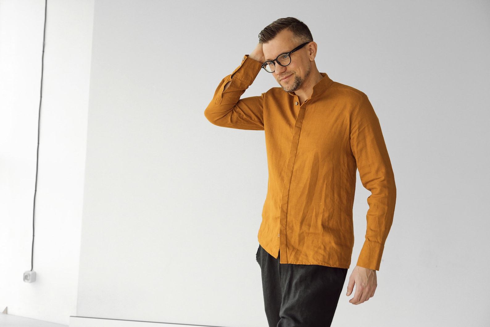 Saffron Linen Band Collar Shirt A Timeless Classic for Elegant Occasions - Image 2