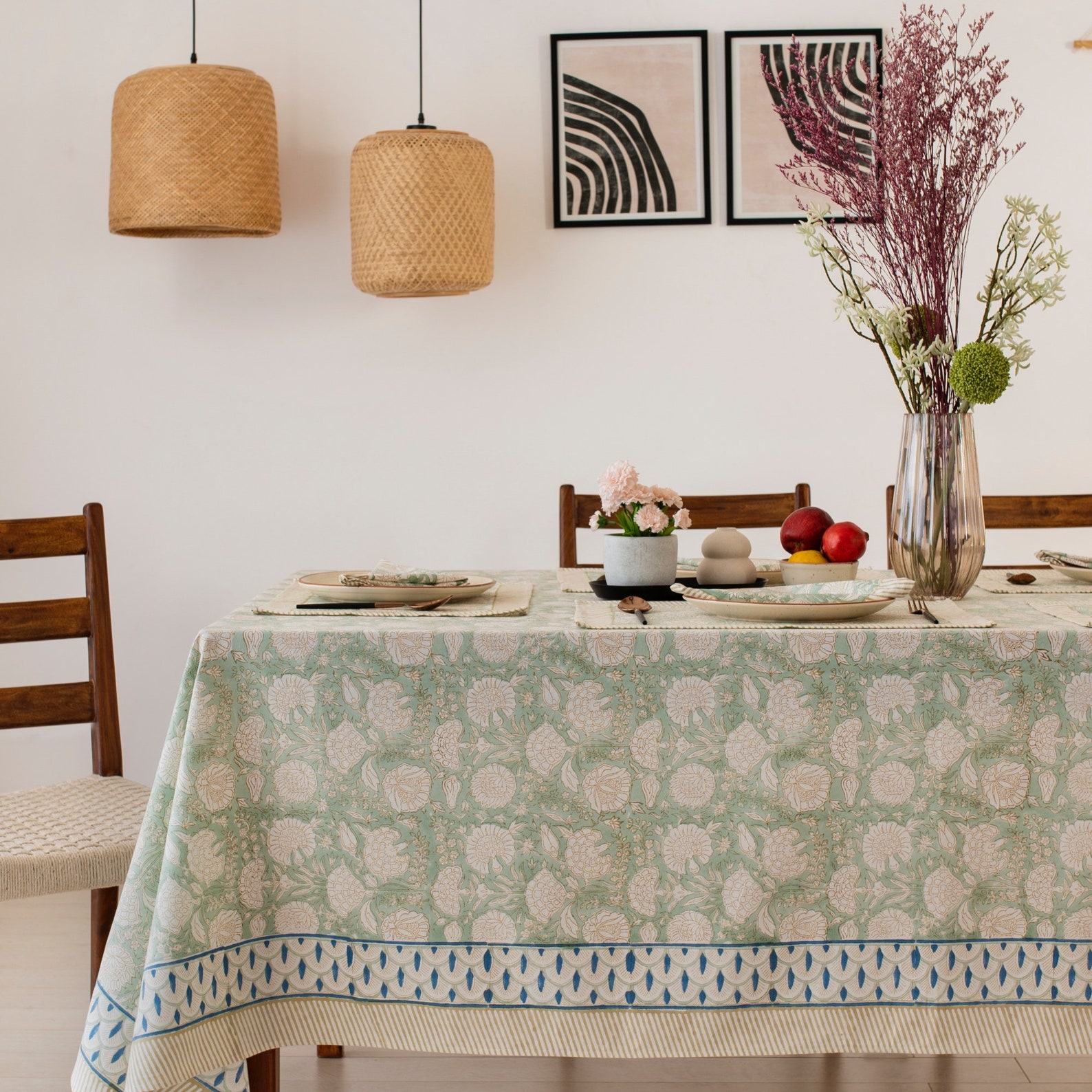 Sage Green Floral Tablecloth Elevate Your Dining with Boho Charm