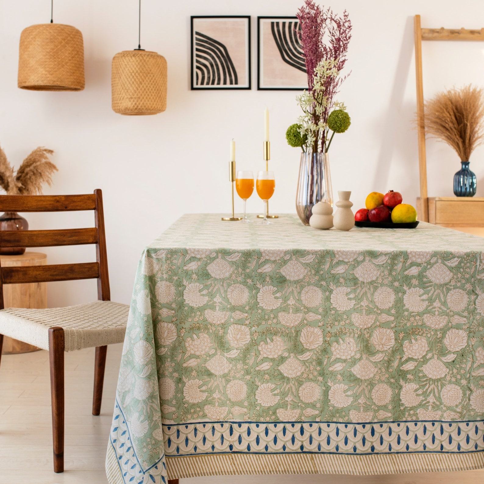 Sage Green Floral Tablecloth Elevate Your Dining with Boho Charm