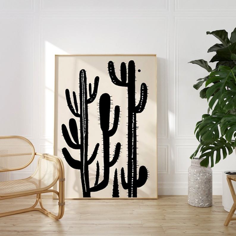 Saguaro Cactus Wall Art Modern Desert Luxe in Black and Cream Block Print