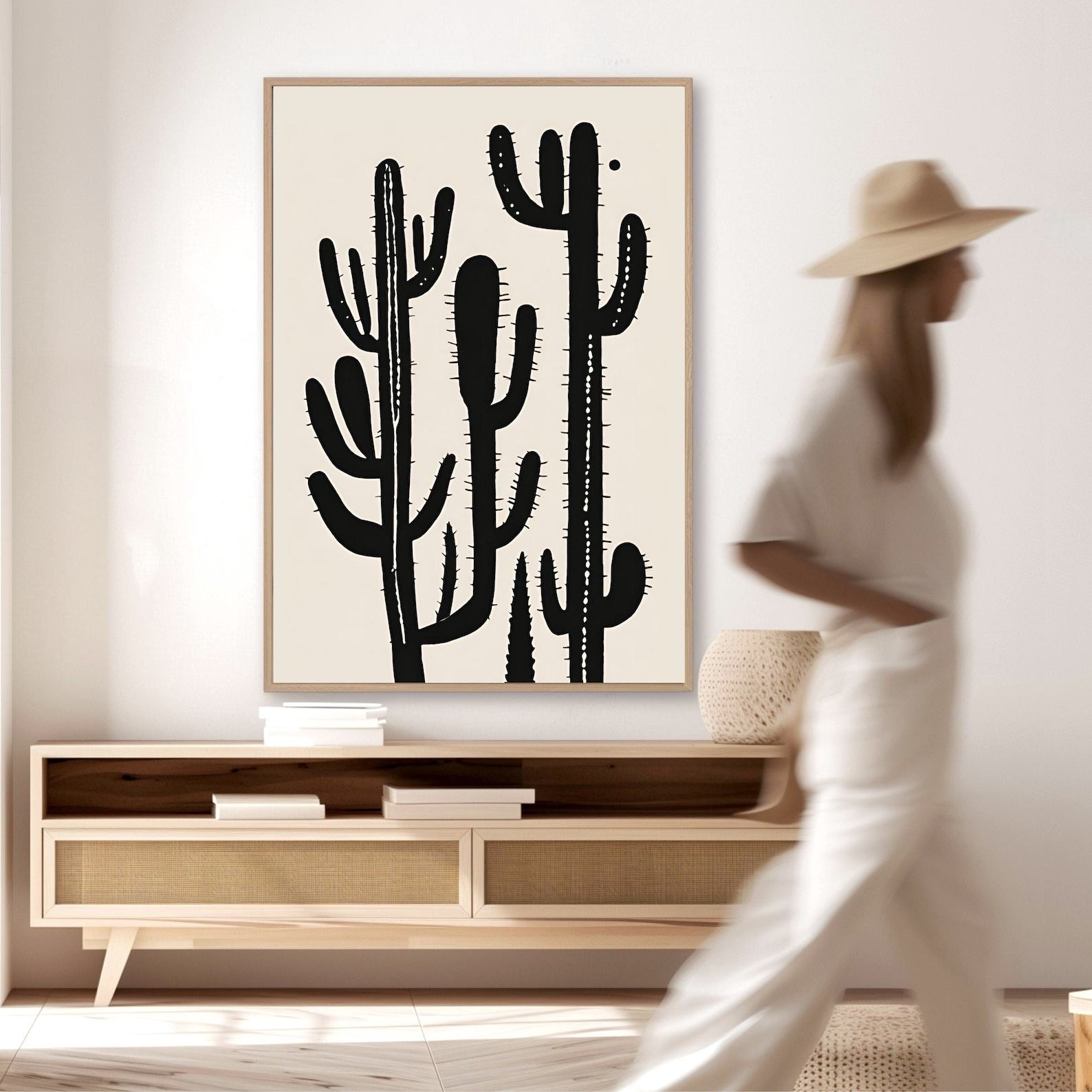 Saguaro Cactus Wall Art Modern Desert Luxe in Black and Cream Block Print