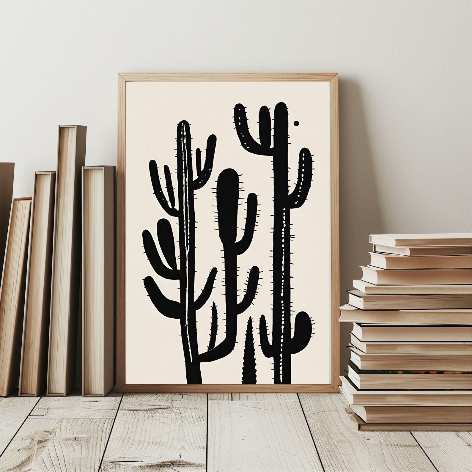 Saguaro Cactus Wall Art Modern Desert Luxe in Black and Cream Block Print