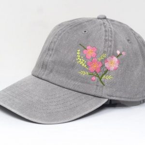 Sakura Blossom Embroidered Washed Cotton Baseball Cap for Summer