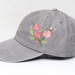 Sakura Blossom Embroidered Washed Cotton Baseball Cap for Summer
