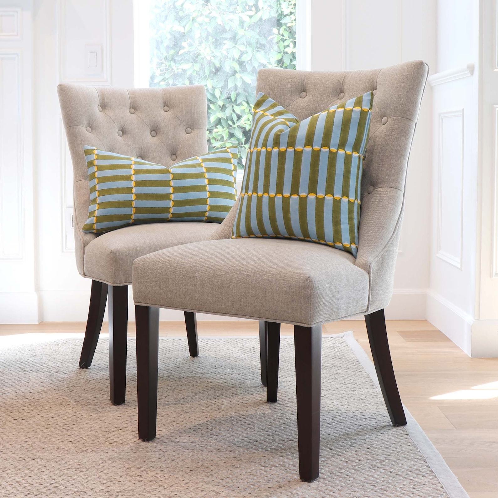 Schumacher Luna Khaki Turquoise Block Print Throw Pillow Cover with Gold Zipper for Couch, Molly Mahon Wood Block By Hand, Euro Sham Cases